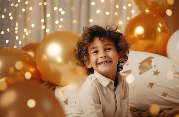 Foto um menino sorri enquanto olha para os balões