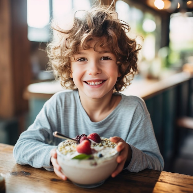 Um menino sorridente a desfrutar de um pequeno-almoço saudável num café.