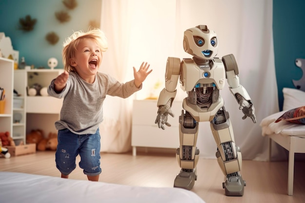 Um menino sorridente brinca com um robô real Um amigo robô divertido para uma criança