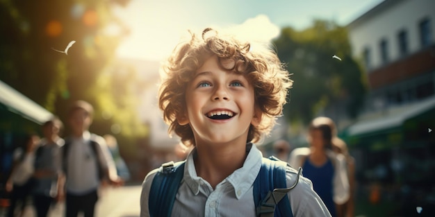 Um menino sorridente caminha alegremente para a escola com os braços abertos de alegria Um novo dia, novos conhecimentos, novos amigos aguardam AI IA Generativa
