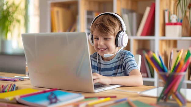 Um menino sorridente com fones de ouvido está usando um laptop em uma mesa brilhantemente iluminada com lápis coloridos ao redor