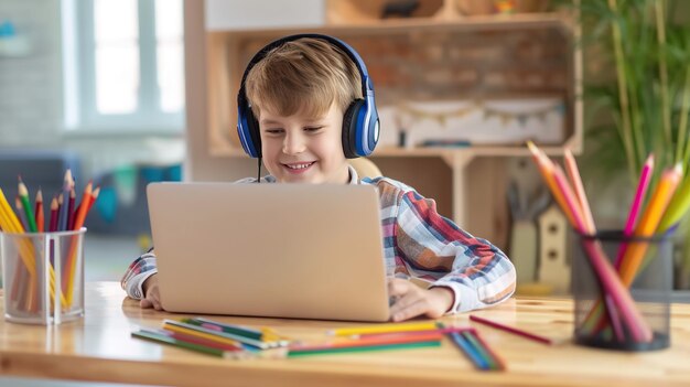 Um menino sorridente com fones de ouvido está usando um laptop em uma mesa brilhantemente iluminada com lápis coloridos ao redor