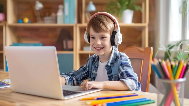 Um menino sorridente com fones de ouvido está usando um laptop em uma mesa brilhantemente iluminada com lápis coloridos ao redor