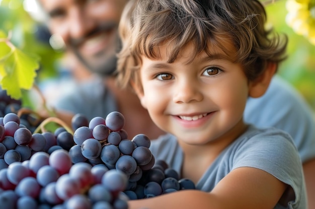 Um menino sorridente com o pai segurando um feixe de uvas na vinha