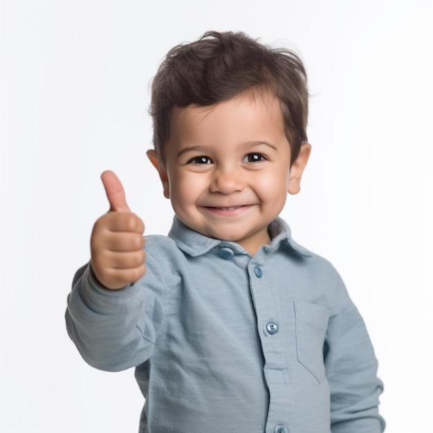 Um menino sorridente com um sinal de positivo.