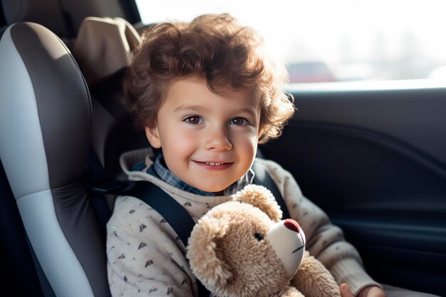 Um menino sorridente no assento do carro preso no assento da criança com um ursinho de pelúcia