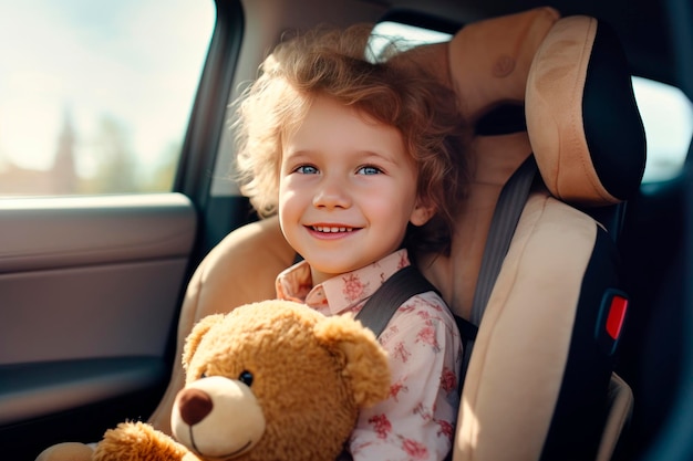 Um menino sorridente no assento do carro preso no assento da criança com um ursinho de pelúcia