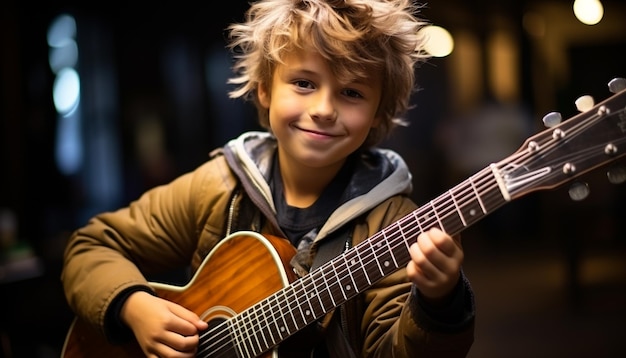 Um menino sorridente tocando guitarra desfrutando da música e aprendendo gerado pela inteligência artificial