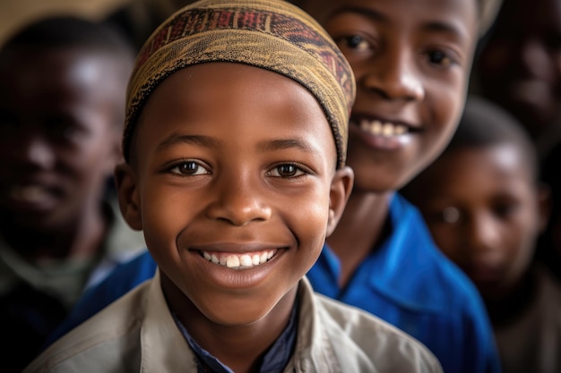 Um menino sorrindo com seus colegas de classe no fundo criado com IA generativa