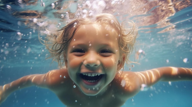 Um menino sorrindo debaixo d'água
