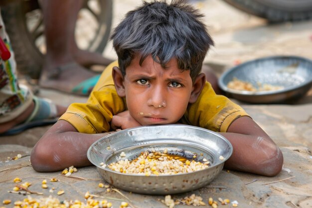 Um menino subnutrido olha com saudade para uma escassa refeição, sublinhando a questão generalizada da comida