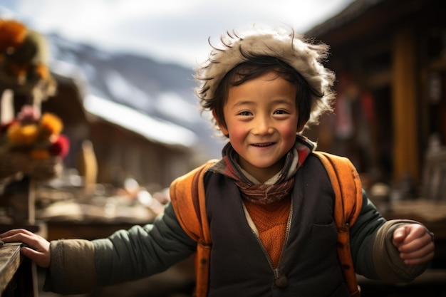 Um menino tibetano com roupas de inverno sorri feliz