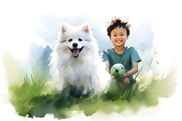 Foto um menino tipo agent joga com um samoyed com uma bola na grama ilustração de aquarela