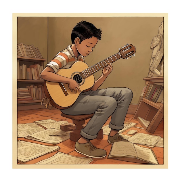 Um menino toca guitarra numa sala gerada por arte