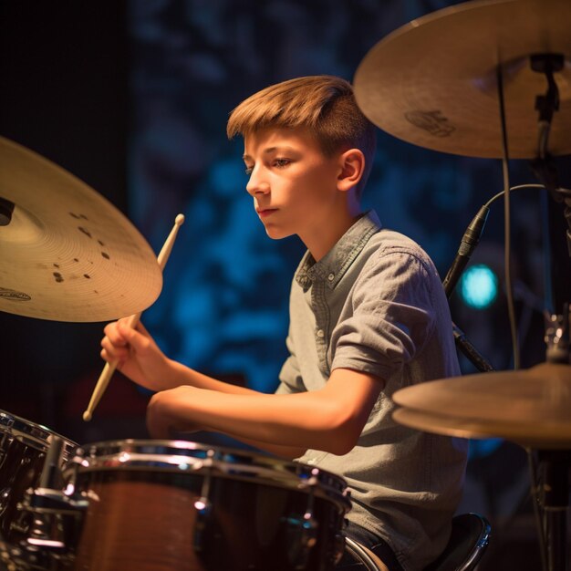 Um menino tocando bateria com a palavra "s" na frente.