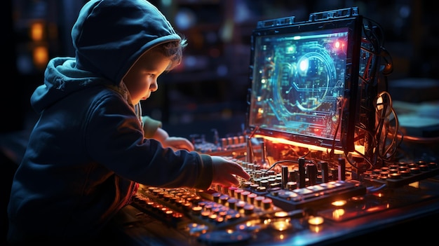 um menino tocando uma discoteca com uma tela de computador atrás dele