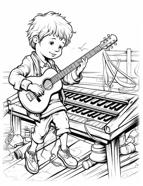 um menino tocando violão em um banco com um teclado generativo ai