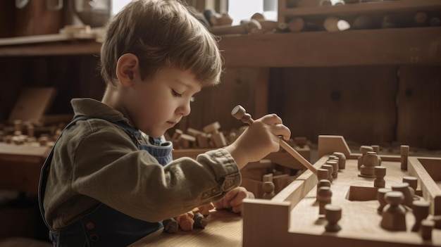 Um menino trabalha em um pedaço de madeira com uma ferramenta de madeira.