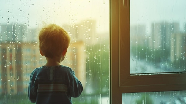 um menino triste de pé perto da janela durante o dia