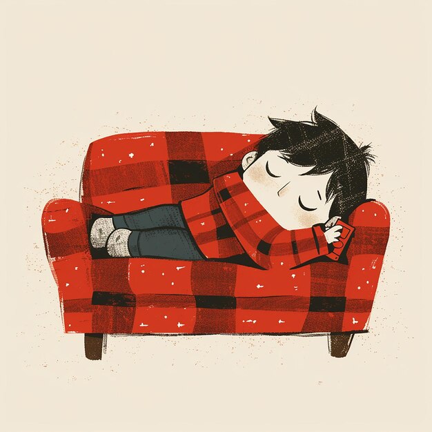 um menino triste deitado num sofá de quadros vermelhos