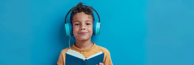 Foto um menino usando fones de ouvido é retratado segurando um livro contra um fundo azul