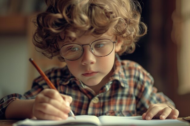 Um menino usando óculos escrevendo em um livro adequado para projetos educacionais e escolares