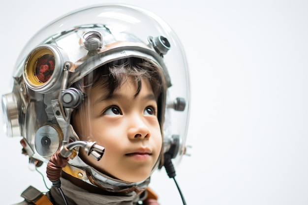 Foto um menino usando um capacete com armação de metal