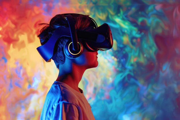 Um menino usando um fone de ouvido VR está olhando para um fundo colorido o menino usa fones de ouvido e ele está em