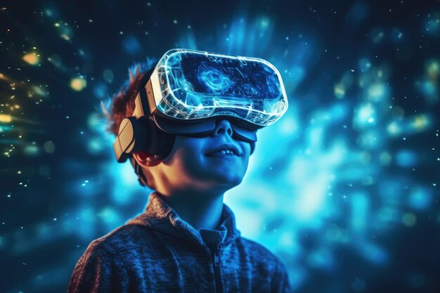 Um menino usando um mundo surreal de usuário de fone de ouvido VR e campos de flores coloridas de realidade virtual Generative AI