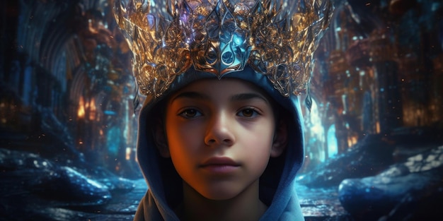 Um menino usando uma coroa com a palavra mágica nela