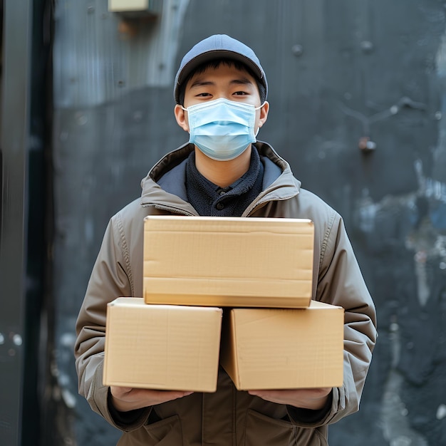 Um menino usando uma máscara de rosto segurando caixas