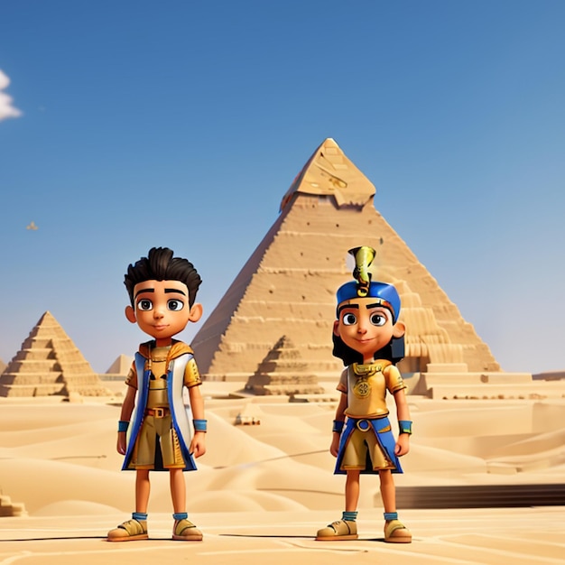 Um menino veste um traje faraônico ao lado das pirâmides