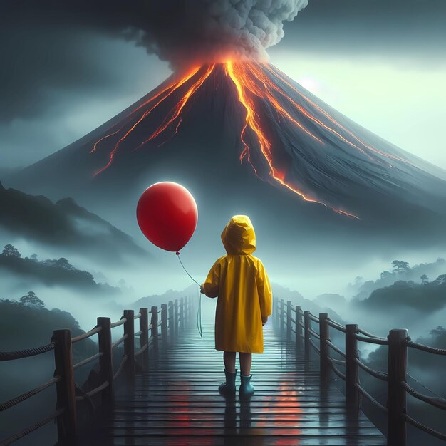 Foto um menino vestindo um casaco de chuva amarelo segurando um balão vermelho de pé na frente de um vulcão fumegante digita