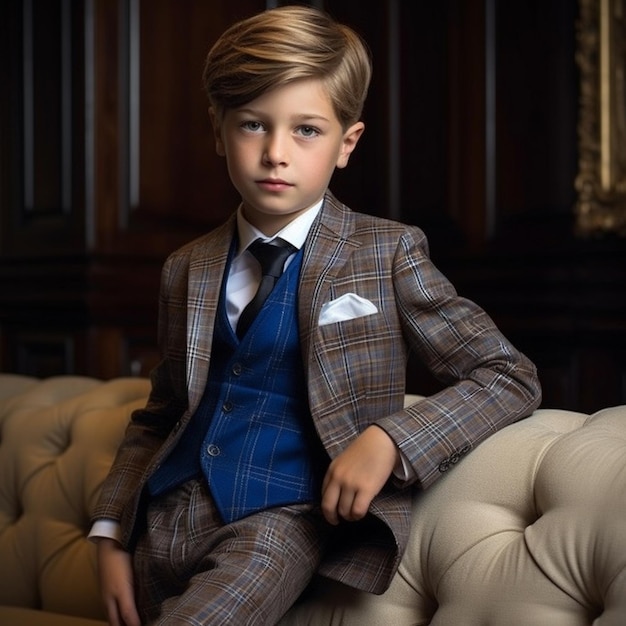 um menino vestindo um terno e uma gravata senta-se em um sofá