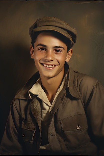 Um menino vestindo um uniforme militar com um sorriso branco.