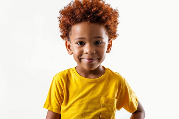 Foto um menino vestindo uma camisa amarela que diz que é um menino