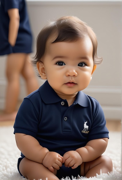 Foto um menino vestindo uma camisa azul com um logotipo na frente está sorrindo para a câmera