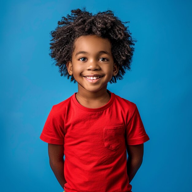 Foto um menino vestindo uma camisa vermelha que diz que está vestindo uma camisa vermelha