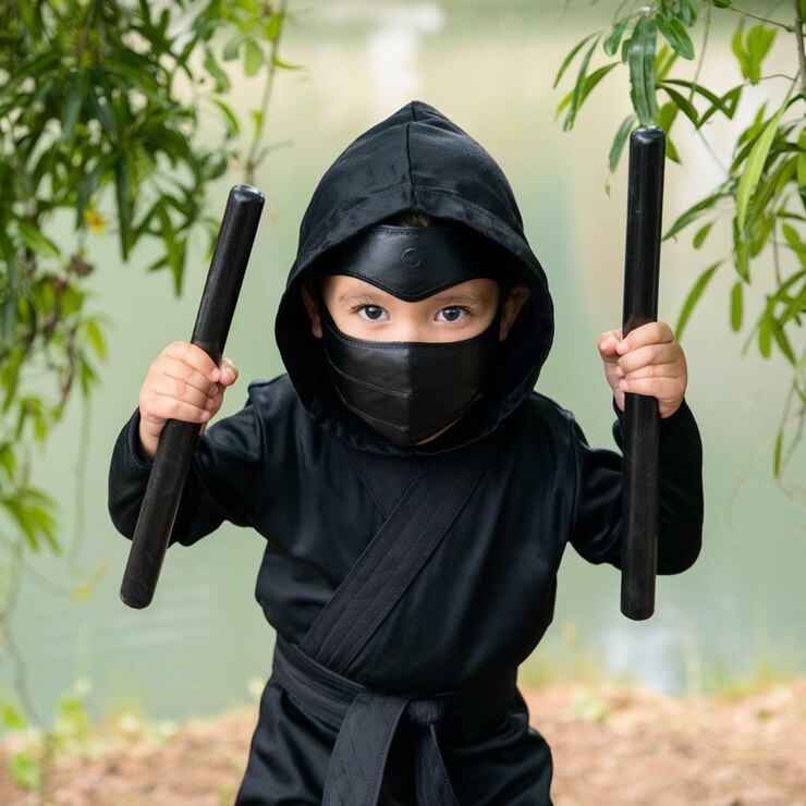 Foto um menino vestindo uma capa preta e uma capa negra segura dois guarda-chuvas