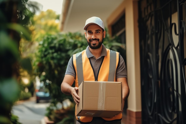 um mensageiro entregando um pacote em um endereço residencial