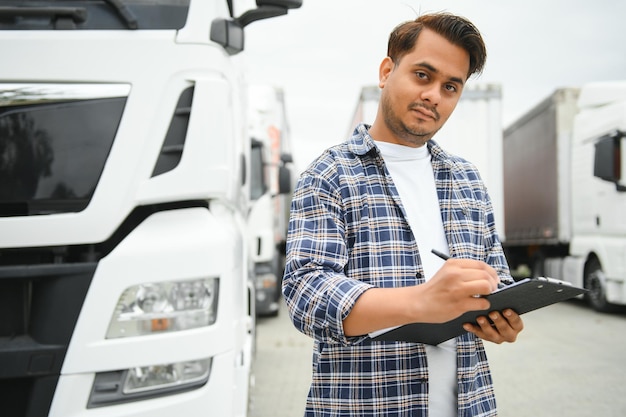 Foto um mensageiro indiano feliz a usar um tablet na carrinha. foto de alta qualidade.