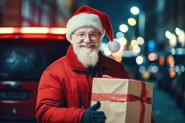 Um mensageiro vestido de Papai Noel com uma caixa de artesanato festiva Entrega de pedidos de presentes on-line para o Natal ou Ano Novo