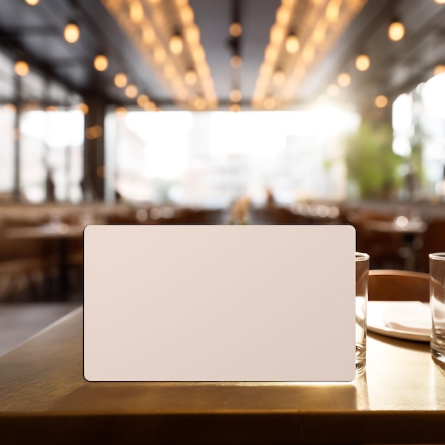 um menu branco sobre uma mesa com um cartão branco.