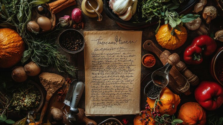 Foto um menu de ação de graças escrito à mão em cursiva em papel reciclado cercado por ingredientes frescos e utensílios de cozinha em uma cozinha cheia de aroma de especiarias