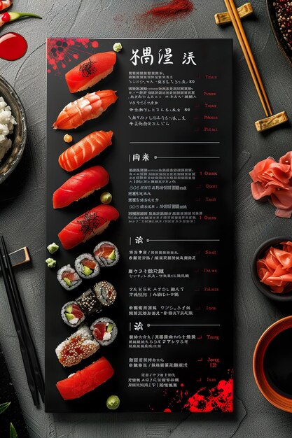 Foto um menu de restaurante de sushi, um belo modelo.