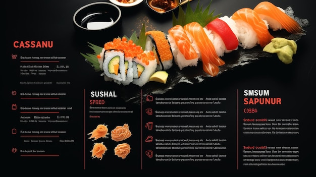 Um menu de restaurante para sushi, comida japonesa.