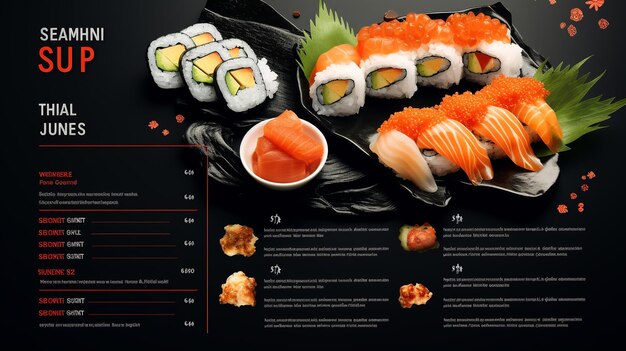 Um menu de restaurante para sushi, comida japonesa.