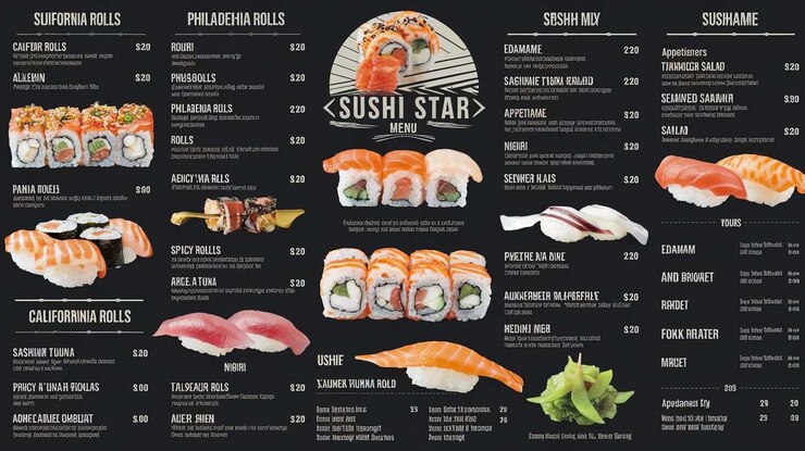 Foto um menu de sushi e sushi com sushi e sushi