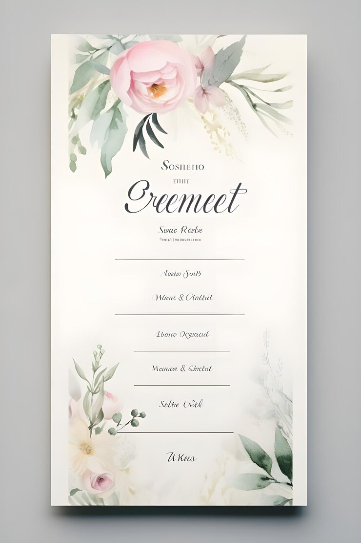 Foto um menu para um casamento com flores e folhas