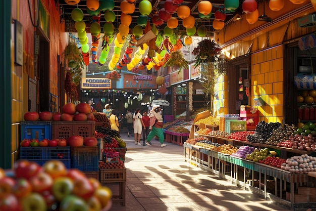 Um mercado colorido e movimentado
